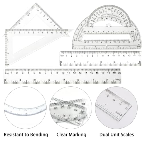 6PCS Plastic Ruler, Triangular Ruler & Protractor Set for School, Office