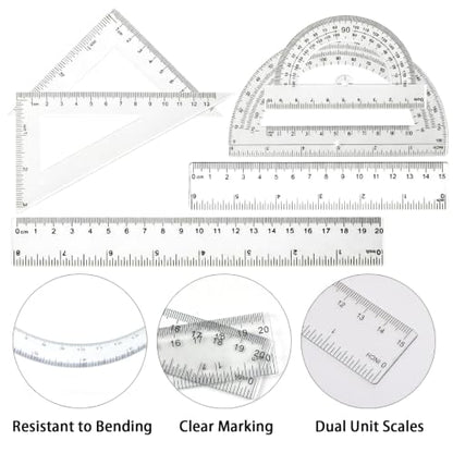6PCS Plastic Ruler, Triangular Ruler & Protractor Set for School, Office
