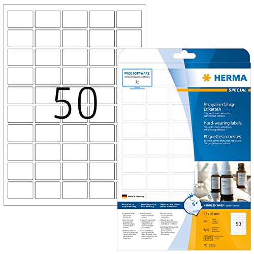 HERMA Self Adhesive Heavy Duty Weatherproof Foil Labels, 44 Labels Per A4 Sheet, 1250 Labels for Laser Printers, 37 x 25 mm (8338) - size: 37 x 25 mm, style: 25 Sheets