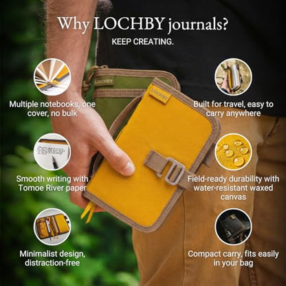 LOCHBY® Mini Field Journal | Water Resistant Waxed Canvas | Pen Loop | Included Tomoe River Notebook | Perfect for Travel, Art, Bullet Journal - color: Mustard, size: Pocket-size Hook