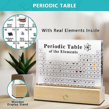 MegaBox Periodic Table Of Elements with 83 Real Elements, Acrylic Periodic Table Display With Wooden Stand, 6x Chemistry Formula Reference Cards, Science Teacher Gift Classroom Decoration - size: 6"L x 4.5"W