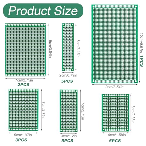 174-Piece PCB Circuit Board Prototype Kit, Double-Sided Perf Boards in 6 Sizes (Large, Medium, Small), Compatible with Arduino, Includes 40-Pin 2.54mm Male and Female Headers