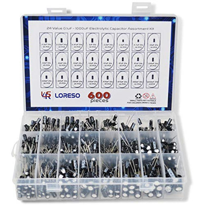 Electrolytic Capacitor Assortment Kit Box By Loreso 600pcs 24 Value - Electrolytic Capacitors 0.1uf to 1000uf 50V, for Aurdiono Hobby Electronics, Audio-Video Project Electronic Repair - style: Electrolytic Capacitors