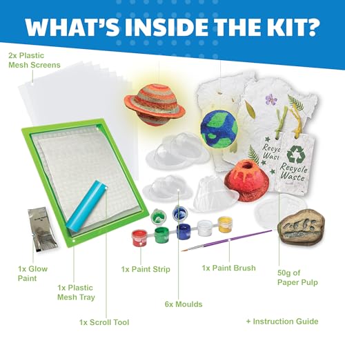 4M Green Science Paper Making Kit for Kids Ages 5-12 – Recycled Paper Craft STEM Set with Moulds, Glow-in-the-Dark Paint, Dinosaur & Planet Molds, Red Dot Award Winner, Eco-Friendly DIY Gift - style: Paper Making Kit