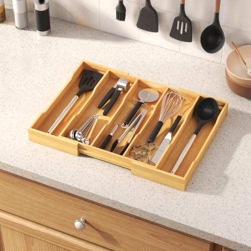 Lifewit Bamboo Utensil Organizer for Kitchen Drawer, Cooking Utensil Tray - color: Natural, size: 12.6~22.8''W x 14'' D