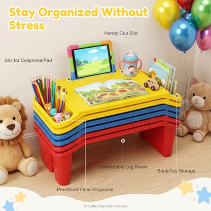 6 Pack Kids Lap Desk, Portable Activity Tray with Side Storage, Stackable Plastic Breakfast Laptop Trays for Home, Classroom, Daycare (Red+Blue+Yellow)