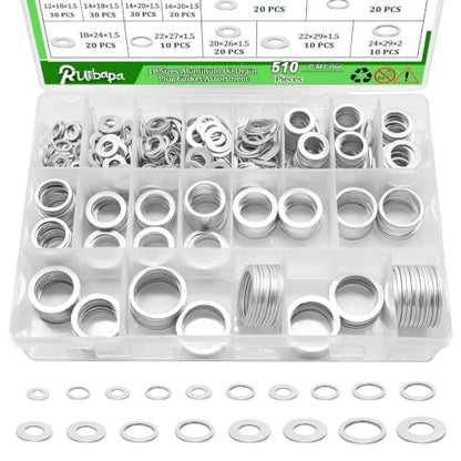 510PCS Oil Drain Plug Crush Washer Kit,18 Sizes Aluminum Oil Drain Plug Gasket Assortment, M6 M8 M10 M12 M14 M16 M18 M20 M22 M24,Crush Washer Oil Drain Plug - size: 510PCS
