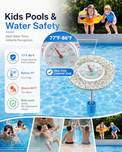 Glow Dial Floating Pool Thermometer Easy Read - Glitter Water Temp Gauge - color: Pool Thermometer - Colorful