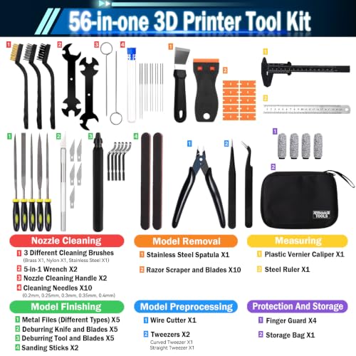 56Pcs 3D Printer Tool Kit for FDM & SLA, Includes Nozzle Unclogging, Support Removal, Model Polishing & Calibration Tools, with Portable Organized Storage Bag