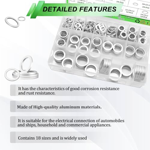 510PCS Oil Drain Plug Crush Washer Kit,18 Sizes Aluminum Oil Drain Plug Gasket Assortment, M6 M8 M10 M12 M14 M16 M18 M20 M22 M24,Crush Washer Oil Drain Plug - size: 510PCS