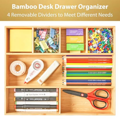 Umilife Large Bamboo Desk Drawer Organizer, Wood Office Junk Tray, 15"x12" - size: 15"x12"