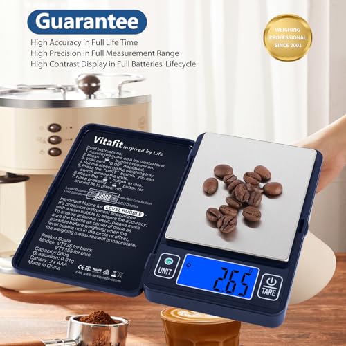Vitafit 500g Digital Gram Scale in 0.01g, High Accuracy Assured by Built-in Level Bubble, Scale Professional Since 2001, Pocket Scale for Multi-Function: Kitchen, Food, Jewelry, Lab, Coffee, Blue