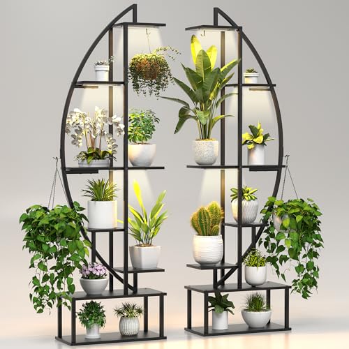 Plant Stand Indoor with 6 Grow Light, 65" Tall 7 Tier Black Half Moon Shelf - color: Black Board Black Metal 7 Tier 2 Pack