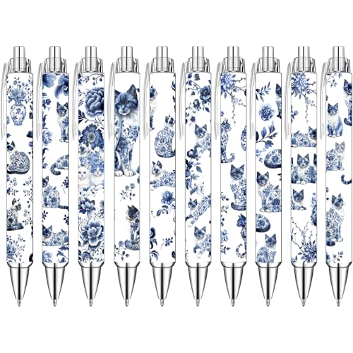Blue and White Porcelain Cat Ballpoint Pens Set – Aesthetic Chinese Porcelain Style Cat Design Pens for Office, Journaling, and Stationery Lovers – Smooth Writing Pens for Daily Use or Gifts, 10 Pack - color: Blue and white porcelain cat