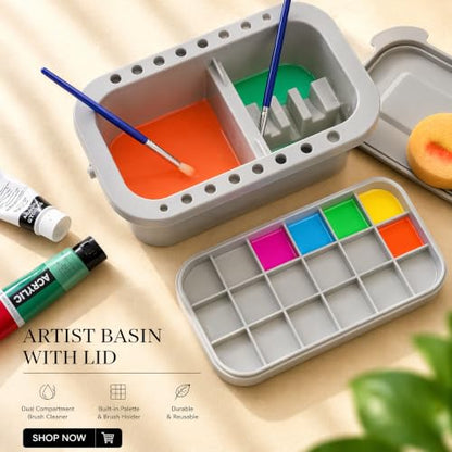 WUWEOT 3 Pack Multi-Use Paint Brush Basin Paint Brush Tub, Plastic Paint Brush Washer, Cleaner and Holder, 18 Palette Wells, Lid for Indoor Outdoor Watercolor Oil Acrylic Gouache Painting