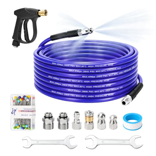 Sewer Jetter Kit for Pressure Washer 50 FT, Drain Cleaner Hose with Power Washer Gun, 1/4 Inch NPT Corner, Rotating and Button Nose Sewer Jetting Nozzle,Waterproof Tape, Pearl Corsage Pin, Spanner - color: Purple - With Gun, size: 50FT
