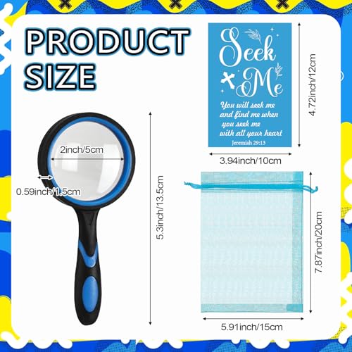 16 Pack Magnifying Glass Bulk, Handheld Magnifying Glass with Bible Cards Organza Bags for Christian Baptism Confirmation First Communion Party Favors Church Choir Members Gifts