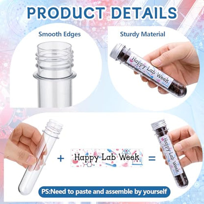 36Sets Lab Week Gifts Clear Plastic Test Tubes with Caps Happy Lab Week Stickers 45ml Small Tube 25mm x 140mm Clear Test Tubes Candy Containers Vials Storage for Sample Powder Seed ScienceThemed Gifts