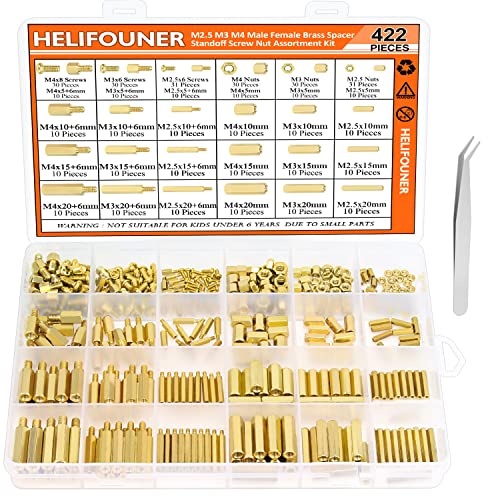 HELIFOUNER 422 Pieces M2.5 M3 M4 Male Female Hex Brass Spacers Standoffs Screws Nuts Assortment Kit, Threaded Pillar for Printed Circuit Board Motherboard - size: M2.5 M3 M4 Brass Standoff Set