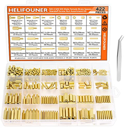 HELIFOUNER 422 Pieces M2.5 M3 M4 Male Female Hex Brass Spacers Standoffs Screws Nuts Assortment Kit, Threaded Pillar for Printed Circuit Board Motherboard - size: M2.5 M3 M4 Brass Standoff Set