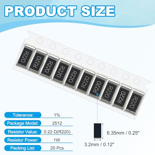 PATIKIL 2512 Surface Mount Device Chip Resistor Kit, 20Pcs 0.22 Ohm 1% Tolerance 1W DIY Resistor Ceramic Resistance Assortment Kits for Electronic Products - style: 0.22 Ohm