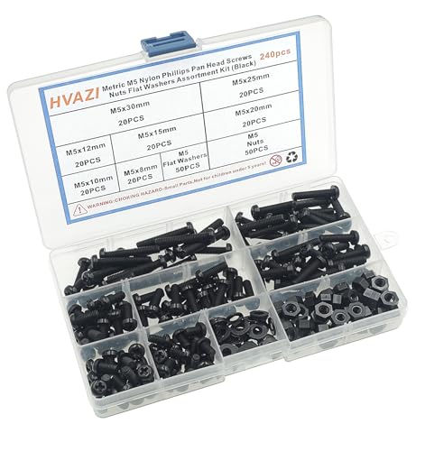 Metric M5 Nylon Phillips Pan Head Screws Nuts Flat Washers Assortment Kit (Black-M5) - color: Black-M5