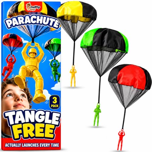 NUTTY TOYS Parachute Toys for Kids - Tangle Free Outdoor Flying Parachute Men, Top Indoor & Outside, 3 4 5 6 7 8 9 10 11 12 Year Old, Best Christmas Stocking Stuffers Idea 2026 Unique Boy & Girl Gifts - color: Red, Green & Yellow