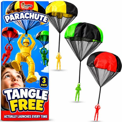 NUTTY TOYS Parachute Toys for Kids - Tangle Free Outdoor Flying Parachute Men, Top Indoor & Outside, 3 4 5 6 7 8 9 10 11 12 Year Old, Best Christmas Stocking Stuffers Idea 2026 Unique Boy & Girl Gifts - color: Red, Green & Yellow