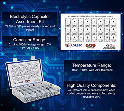 Electrolytic Capacitor Assortment Kit Box By Loreso 600pcs 24 Value - Electrolytic Capacitors 0.1uf to 1000uf 50V, for Aurdiono Hobby Electronics, Audio-Video Project Electronic Repair - style: Electrolytic Capacitors