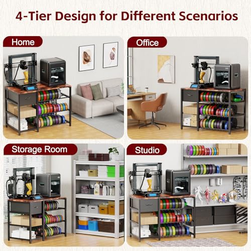 Frebomboo 3D Printer Filament Storage Rack, Versatile 3D Printer Stand Shelf with Drawer, Mobile 3-Tier Metal Filament Spool Holder, Perfect 3D Printer Cart Desk for Office Workshop Studio - style: Brown