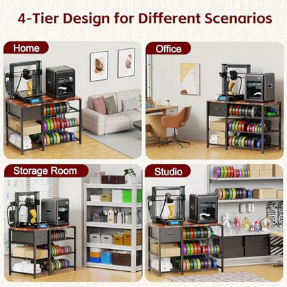 Frebomboo 3D Printer Filament Storage Rack, Versatile 3D Printer Stand Shelf with Drawer, Mobile 3-Tier Metal Filament Spool Holder, Perfect 3D Printer Cart Desk for Office Workshop Studio - style: Brown