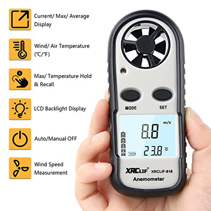 Digital Wind Speed Meter Anemometer, Handhled Wind Gauges Measuring Wind Chill Temperature Speed, Wind Meter Thermometer Gauge for Shooting Windsurfing Fishing Hunting Gray