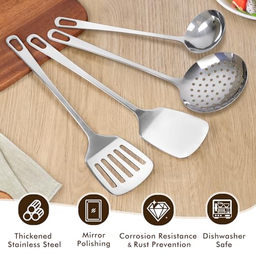 4 Pcs Cooking Utensils Set, Stainless Steel Kitchen Utensils, Heat Resistant Metal Kitchen Tools Include Solid & Slotted Turner Wok Spatula, Serving Spoon, Ergonomic Handle, Easy to Clean, Silver - color: B. 4 Pieces