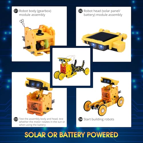 Solar Robot Kit for Kids Age 8-12, STEM Building Toys,12-in-1 Build Your Own Robot with Solar Panel & Battery Power, Science Engineering Christmas Birthday Idea Gifts for Boy Age 8 9 10 11 12 - color: Yellow