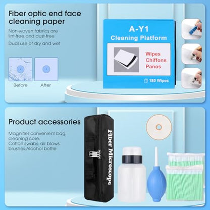 14PC Fiber Optic Cleaning kit, 400x Fiber Optic Microscope, 2.5mm/1.25mm & MPO/MTP Cleaner Pen and Cleaning Box with Replace core