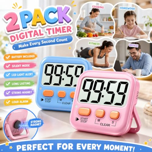 Antonki 2 Pack Digital Timer for Kids Classroom Kitchen Timers for Cooking - color: Dreamy Pink + Blue