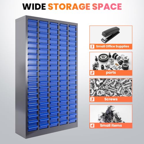 100 Drawer Alloy Steel Nut and Bolt Organizer, ABS Material Bolts Organizer, 26" L×9" W×46" H Drawer Parts Storage Cabinet, with Dividers and Labels for Laboratory, Studio, Home Use/Blue - size: 100 Drawer