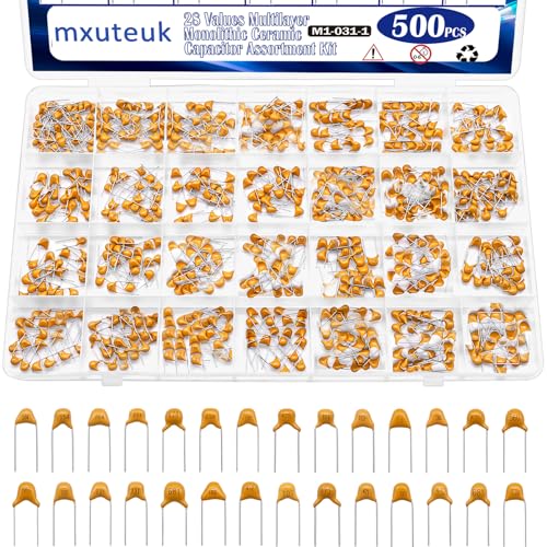 mxuteuk 28 Values Ceramic Capacitor Assortment Kit, 10pF-10uF Multilayer Monolithic Capacitor Set with Storage Box for Computers, Data Processing, Telecommunication, Industrial Control - size: 10pF-10uF-500PCS