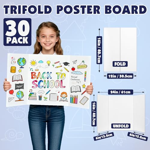 30 Pack White Trifold Poster Board, 16in x 24in Corrugated Project Board - size: 16''x24''-30P