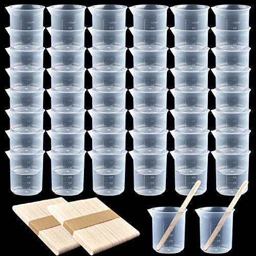 Coopay 50 Pack 50ml/1.7oz Plastic Beakers Epoxy Mixing Cups, Plastic Graduated Cups Clear Multipurpose Measuring Beaker with 100 Pack Wooden Stirring Sticks for Resin, Epoxy, Stain, Mixing - size: 50ml x 50pcs