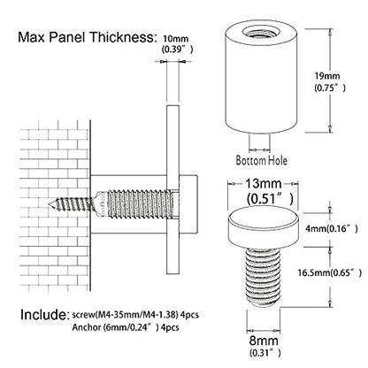 Sign Standoff 1/2" x 3/4", Sign Standoff Screw, Black Aluminum, for Acrylic, Glass, PVC, Glass Panel, Wood, Pack of 4
