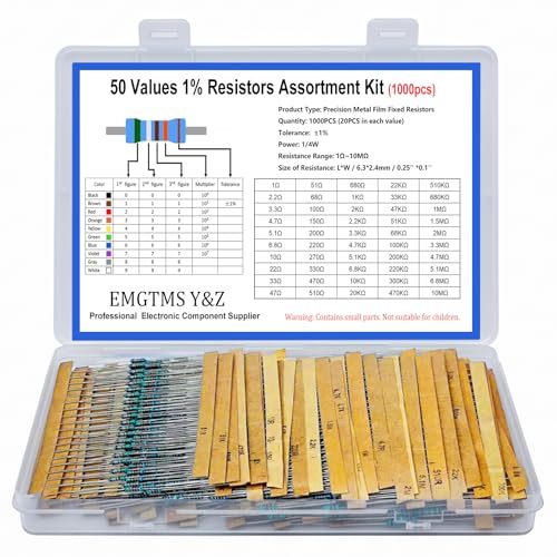 1000 Pcs 50 Values 1/4W Metal Film Resistors Kit, 0.25W 1% (1Ω-10MΩ) - style: 1/4 Watt 50 values