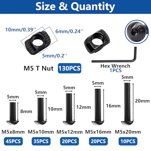 260Pcs M5 T Slot Nuts Screws Kit, Nuts and Bolts Assortment Kit, M5x8/10/12/16/20mm Hexagon Socket Screws for 2020 Series Aluminum Extrusion Profile, Mlok Screw Nut Replacement - color: Black-M5