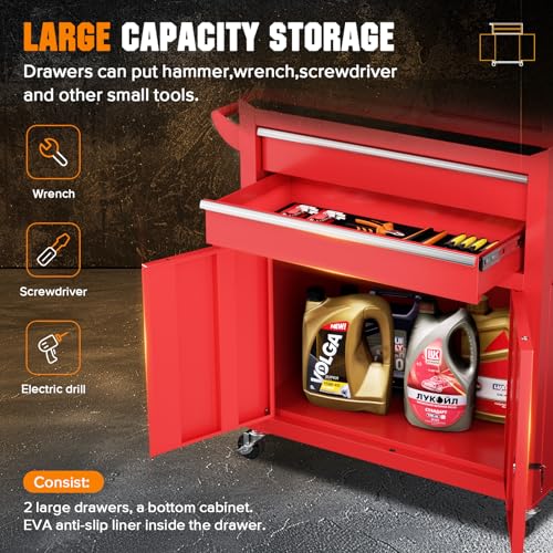 Oakcloud Heavy-Duty 8-Drawer Rolling Tool Chest & Cabinet Combo with Black Liner – Lockable Steel Garage Tool Box on Wheels – Detachable Top Toolbox & Bottom Storage Cart with Side Hooks, Red - color: Red, size: 8-Drawer