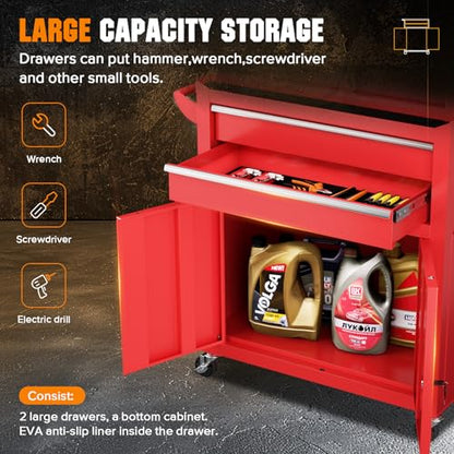 Oakcloud Heavy-Duty 8-Drawer Rolling Tool Chest & Cabinet Combo with Black Liner – Lockable Steel Garage Tool Box on Wheels – Detachable Top Toolbox & Bottom Storage Cart with Side Hooks, Red - color: Red, size: 8-Drawer