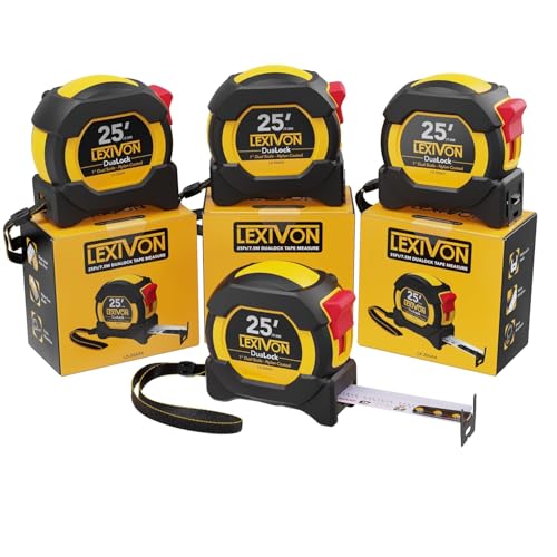 LEXIVON [4-Pack] 25Ft/7.5m DuaLock Tape Measure | 1-Inch Wide Blade with Nylon Coating, Matte Finish White & Yellow Dual Sided Rule Print | Ft/Inch/Fractions/Metric (LX-206X4) - size: 25 ft 4-Pack