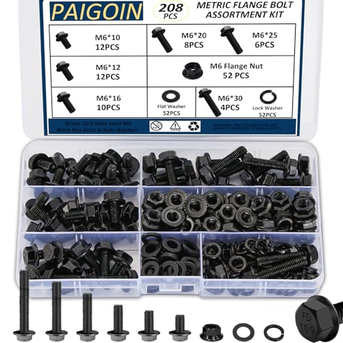 208PCS M6x1.0 Metric Flange Bolt Assortment Kit, 10.9 Black Zinc - color: Black M6 -208PCS