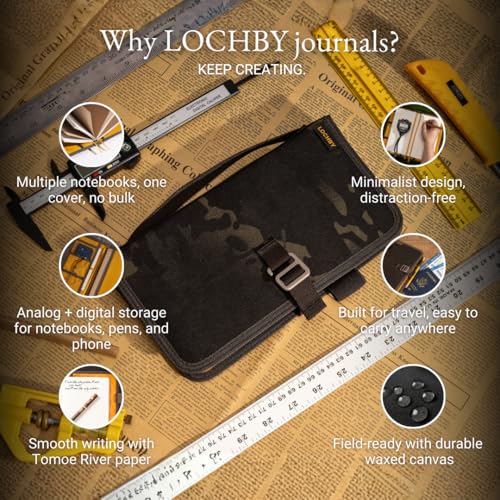 LOCHBY® Voyager Journal | Water Resistant Waxed Canvas | Pen Loop | Included Tomoe River Notebook | Perfect for Travel, Art, Bullet Journal - color: Black Multicam, size: Traveler's Notebook Hook
