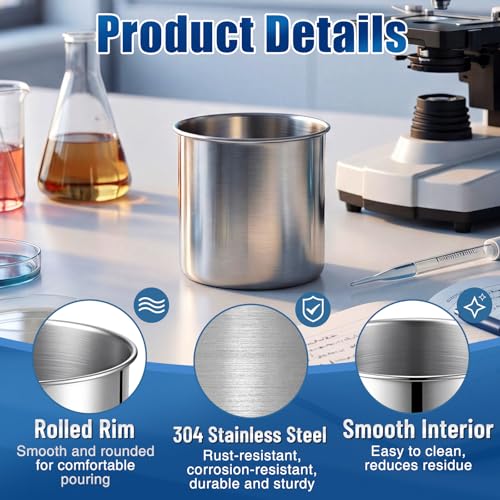 4 Pack 250ml Stainless Steel Beaker, Rolled Rim Laboratory