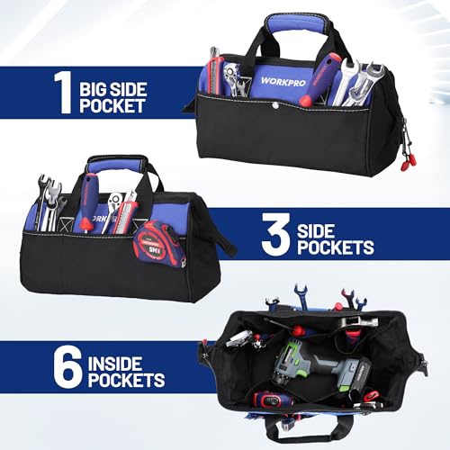 WORKPRO 13-inch Tool Bag, Wide Mouth Tool Tote with Inside Pockets - color: Blue